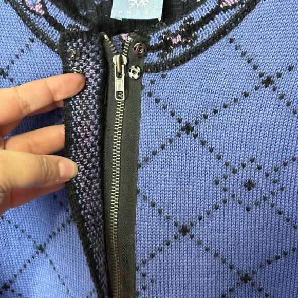 Vtg Frost Womens L Wool Blend Full Zip Nordic Cardigan Sweater Blue Border 90s - Picture 4 of 8